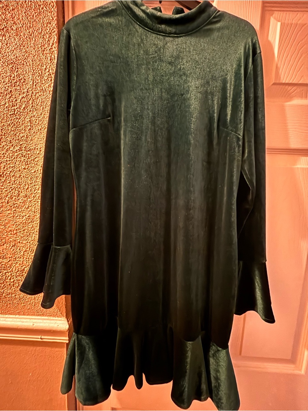 Long-Sleeve Velvet Mini Dress in Forest Green with Ruffle Hem